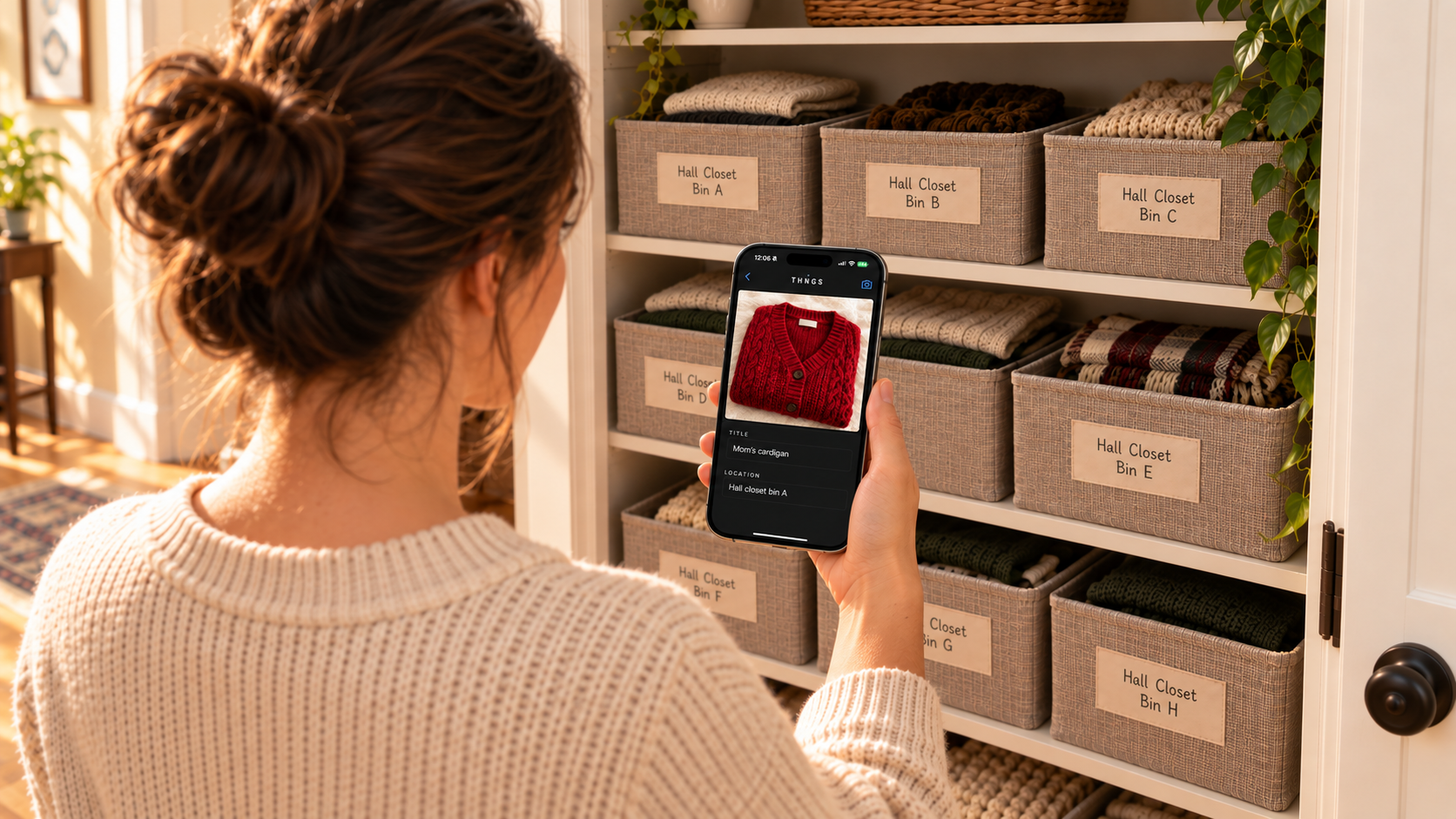 A woman in a hall closet holds up a phone showing a Thngs item — a red cardigan titled "Mom's cardigan" with location "Hall closet bin A" — in front of shelves of labeled storage bins.